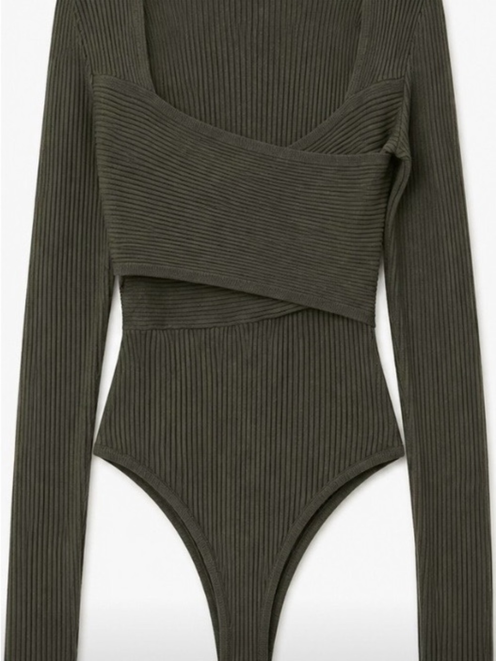 Abercrombie&Fitch Ribbed Long-Sleeve One-Piece Bodysuit in Olive Green